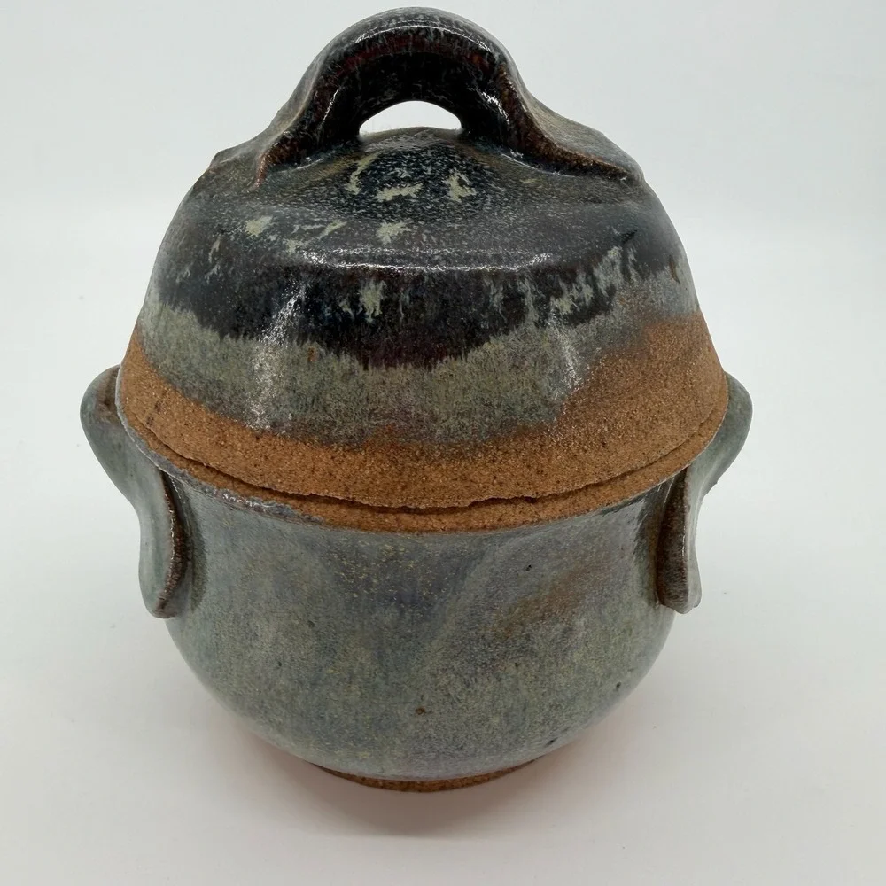 Vtg Studio Pottery Lidded Covered Bowl Handmade Blue Gray Art Pottery Signed